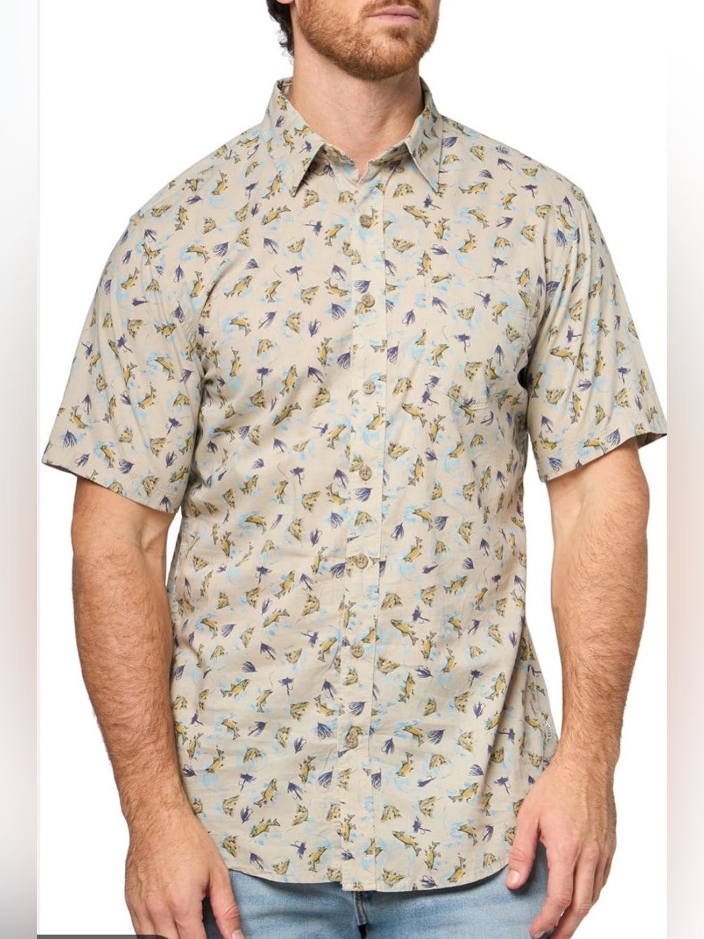 Eddie Bauer Beige Short-Sleeve Button-Down Shirt w/Blue & Tan Trout Print XXL
